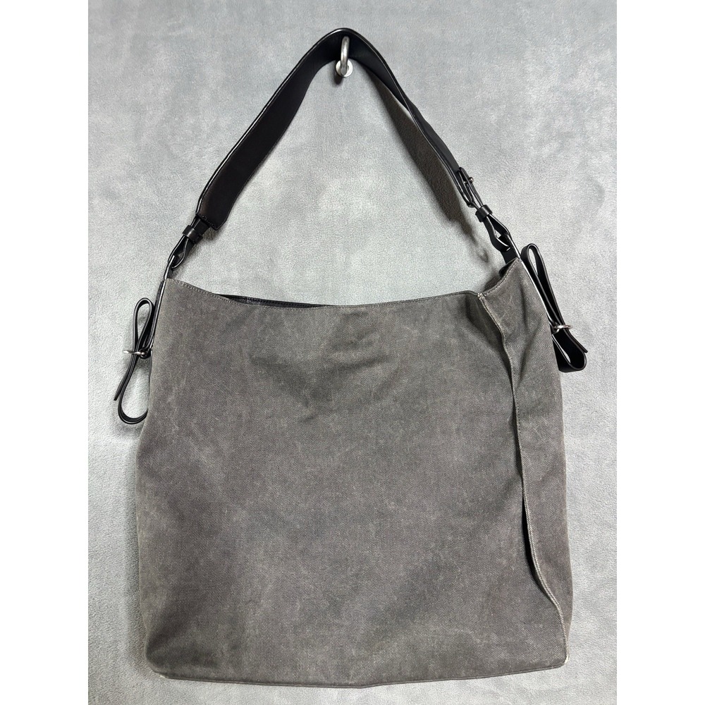 AllSaints City Canvas Tote Bag Gray Leather Trim Travel Purse Minimalist